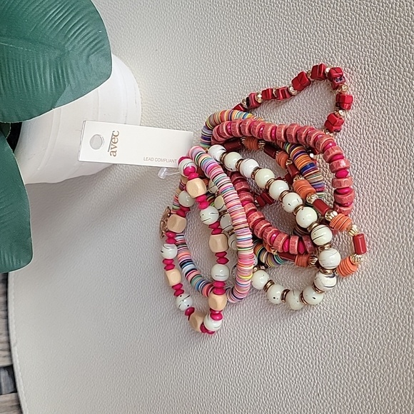 AVEC Colorful Red & Gold Tones Stretchy Beaded Bracelet Set of 7 - Picture 6 of 10